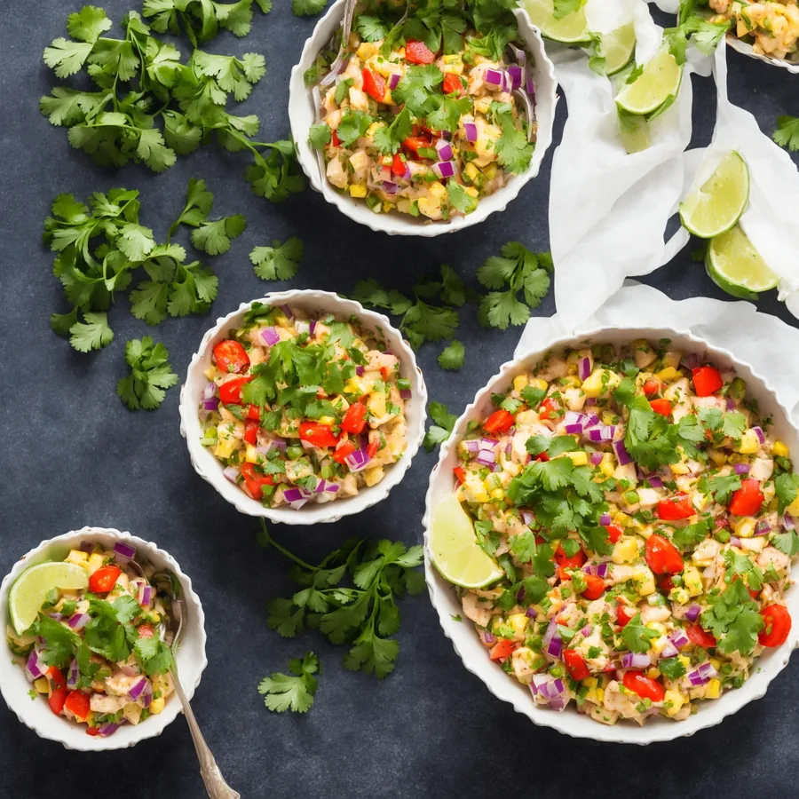 Colorful ceviche bowls with lime, tomato, onion, and cilantro