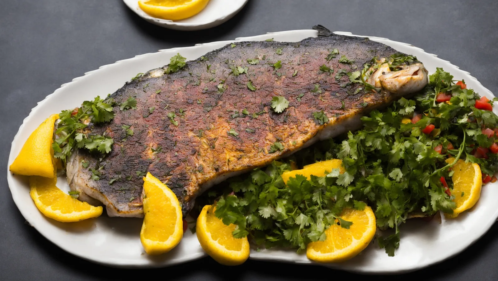 Grilled whole fish plated with fresh citrus wedges and herbs
