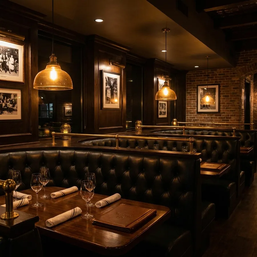 Warm restaurant dining room lit by pendant lights