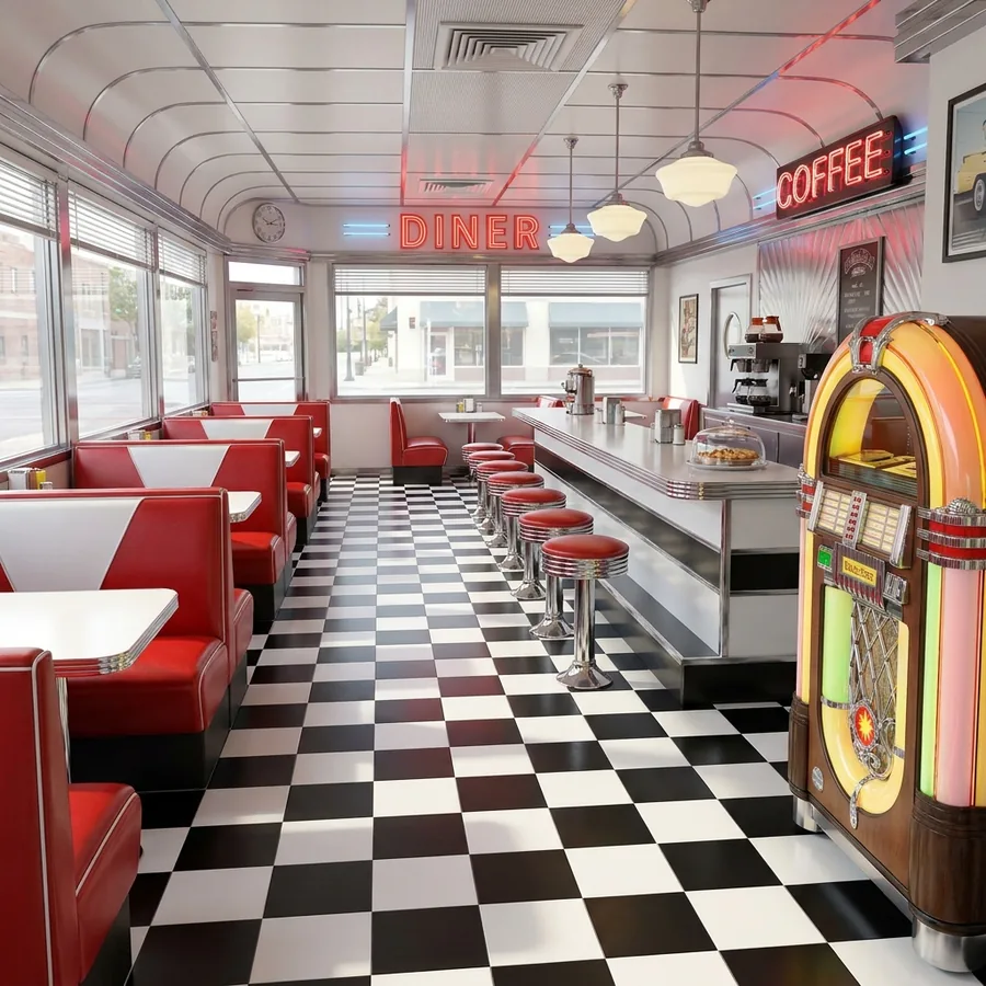 Warm restaurant dining room with vintage-style lighting