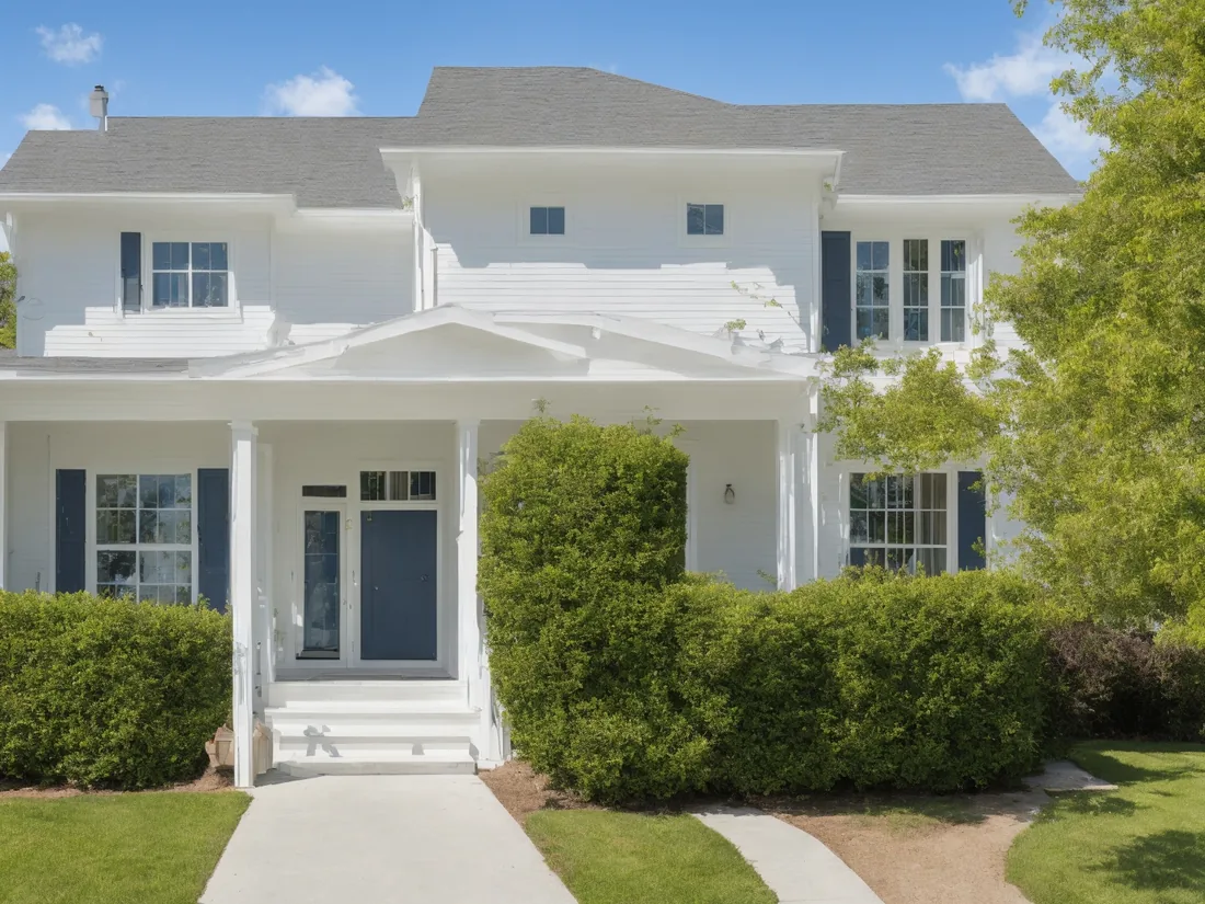 Freshly painted house exterior with clean white walls and dark trim
