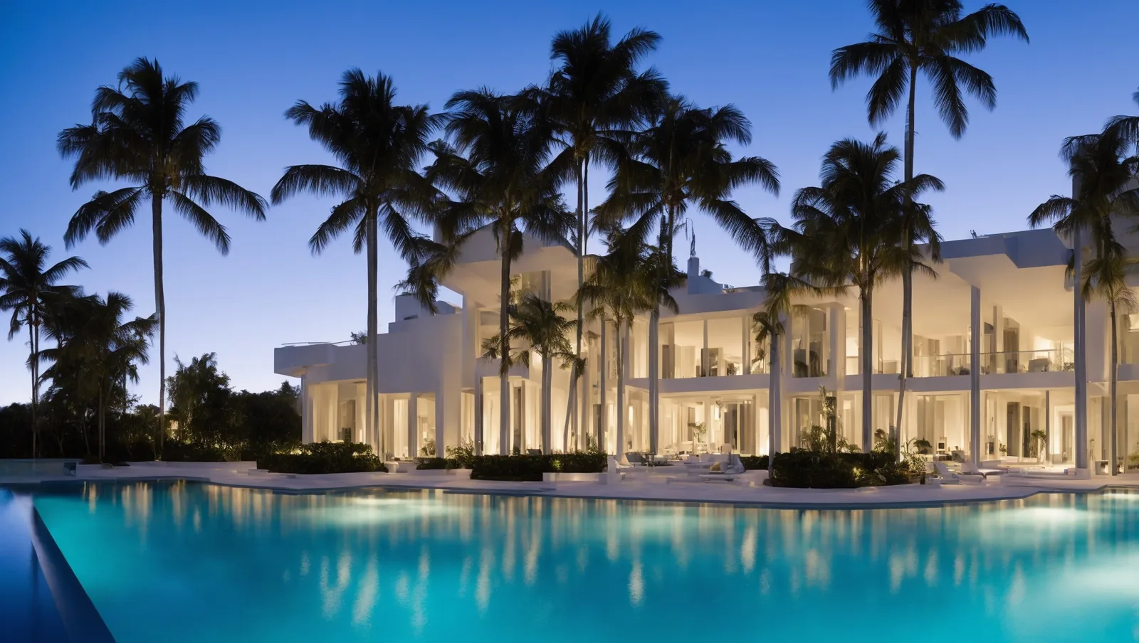 White modern Miami waterfront mansion at twilight, framed by palms and an infinity pool