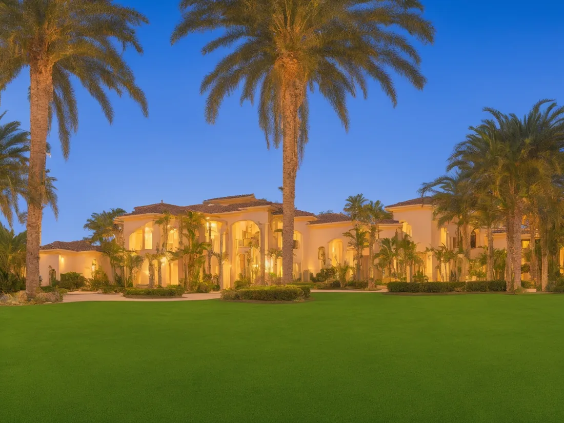 Coastal Miami estate exterior glowing in warm golden-hour light
