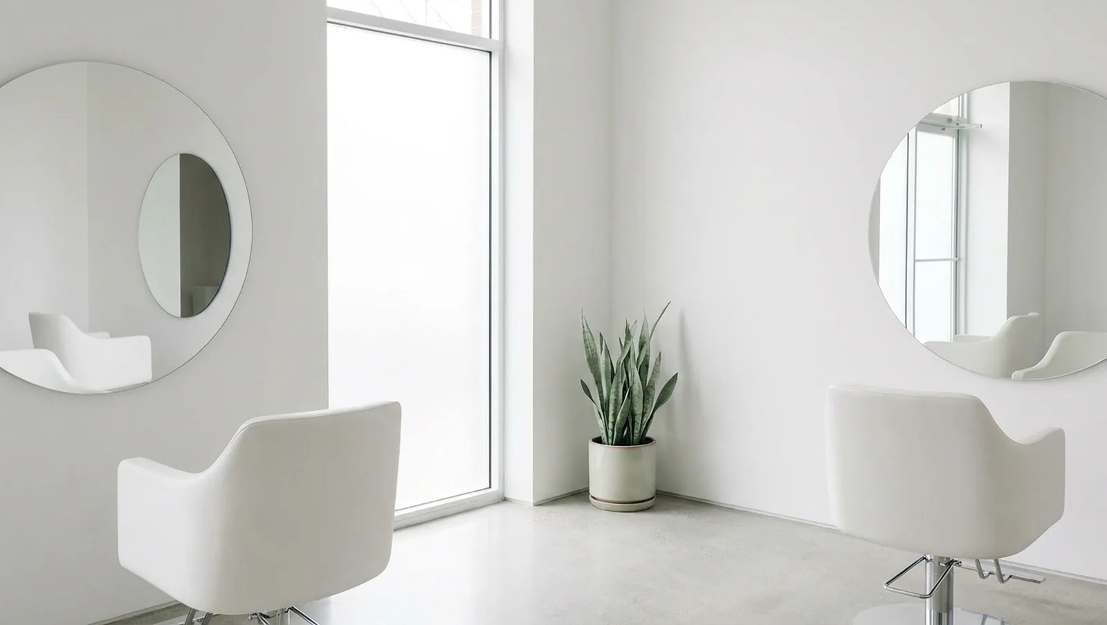 Bright, airy salon interior with blush chairs, greenery, and natural light