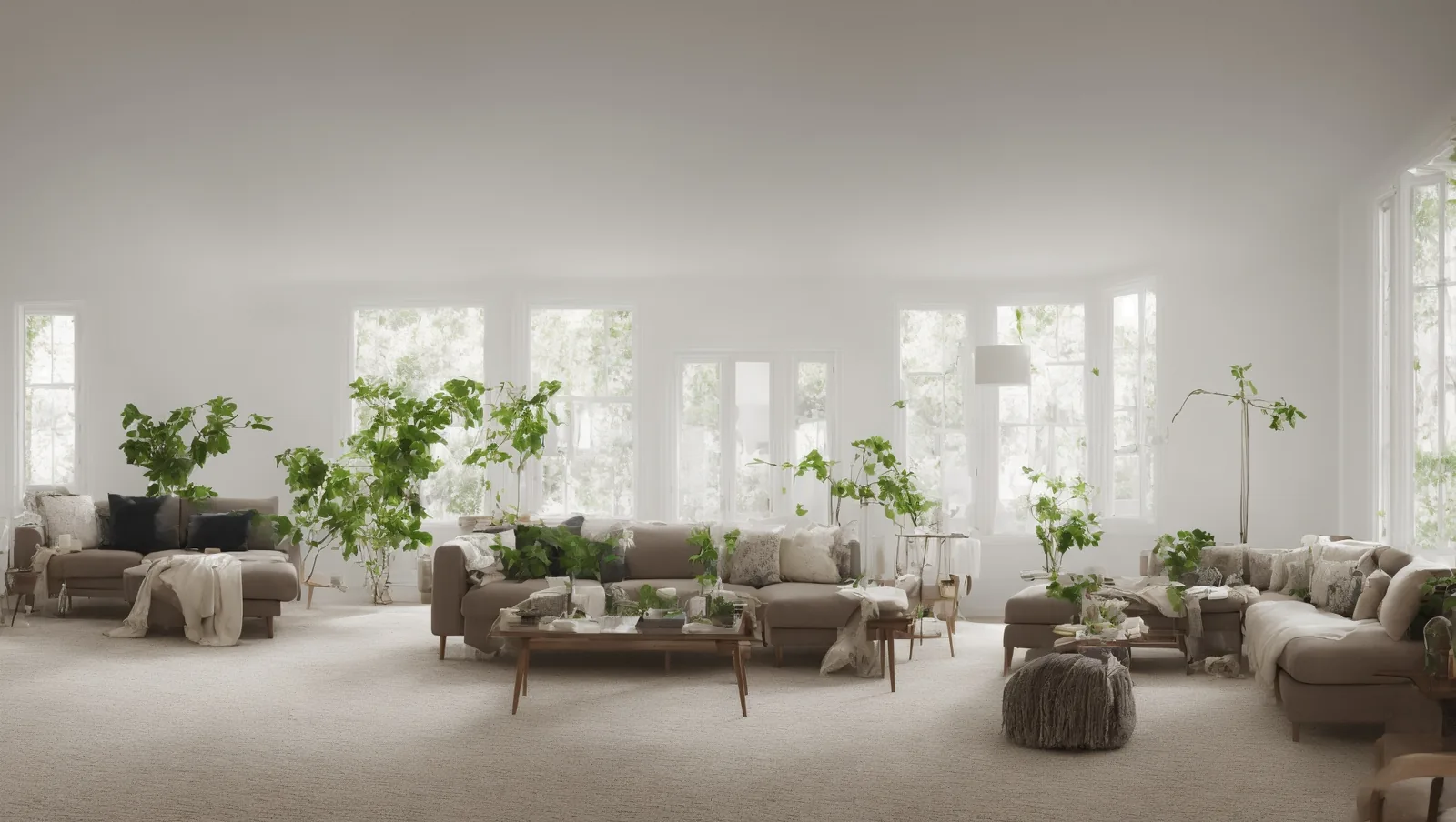 Sunlit, professionally cleaned modern living room with soft neutral furniture and fresh greenery