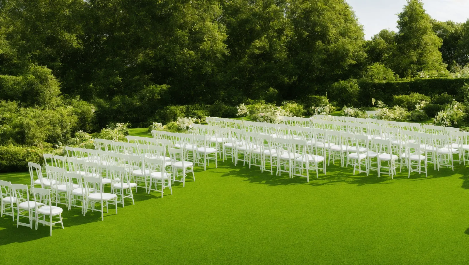 Garden reception at golden hour with long tables and string lights