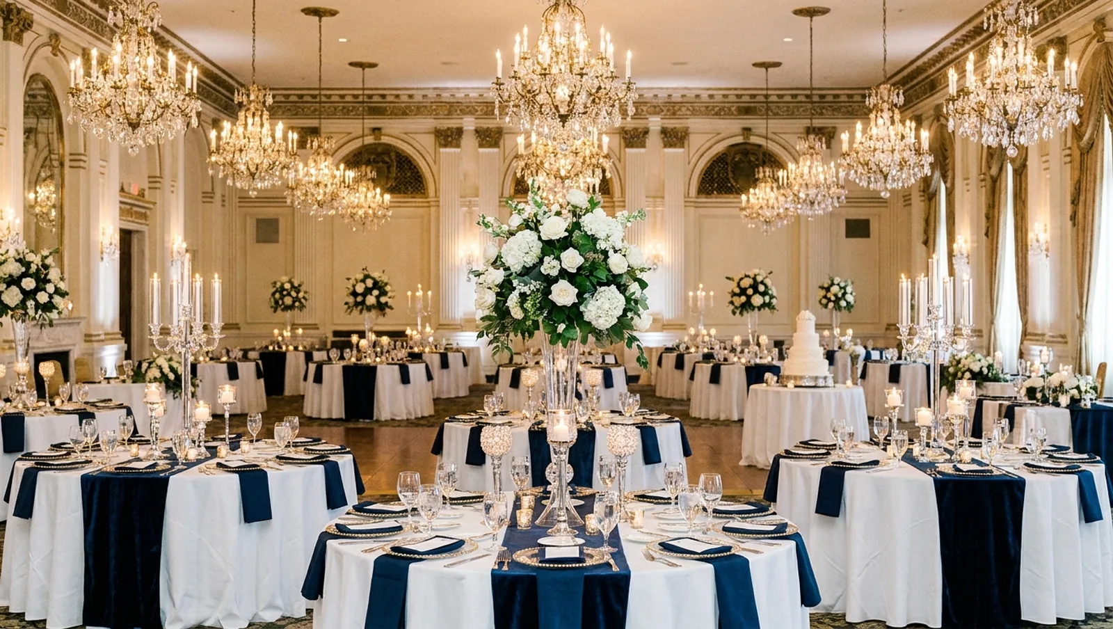 Formal outdoor wedding reception beneath string lights at golden hour